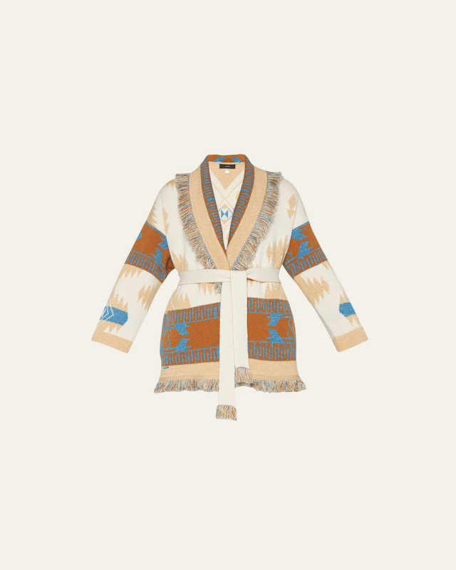 Icon Jacquard Fringe Belted Cashmere Cardigan
