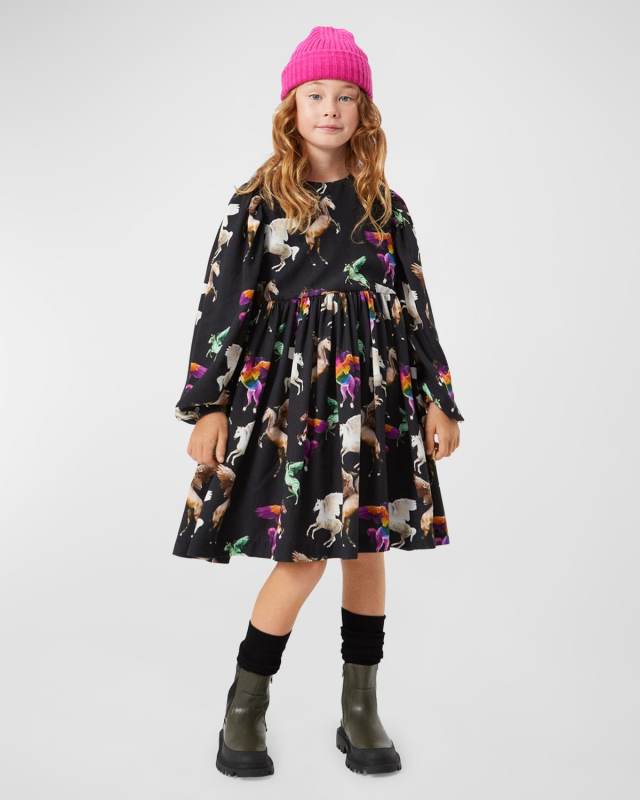 Girl's Cocos Horse-Print Puff Sleeve Dress, Size 3T-6