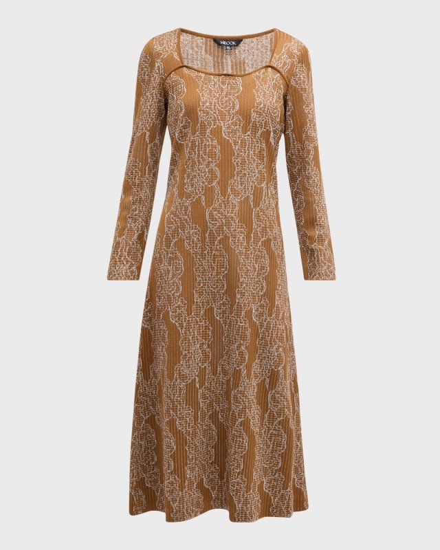 Ribbed Floral Jacquard Knit Midi Dress