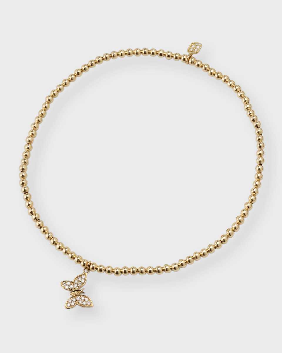 14K Yellow Gold Tiny Pave Diamond Butterfly Charm Beaded Bracelet