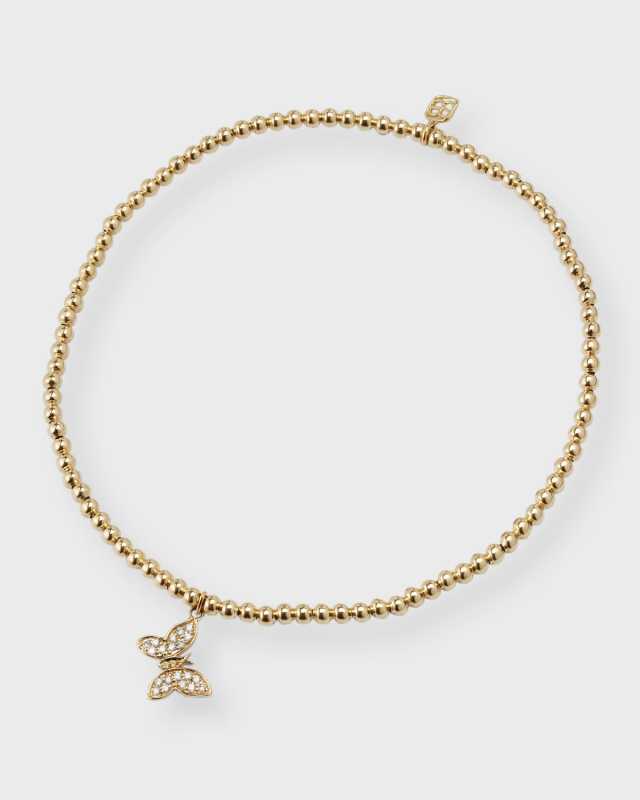 14K Yellow Gold Tiny Pave Diamond Butterfly Charm Beaded Bracelet