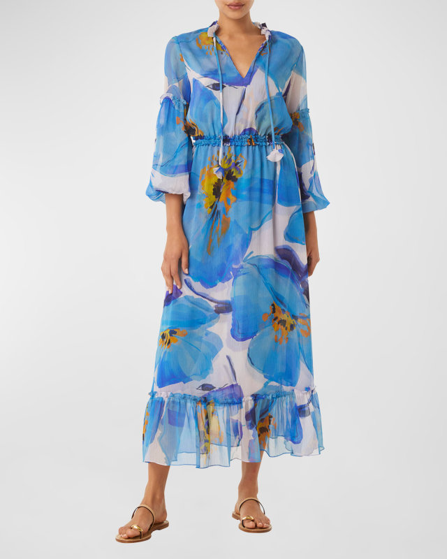 Amata Split-Neck Ruffled Chiffon Midi Dress