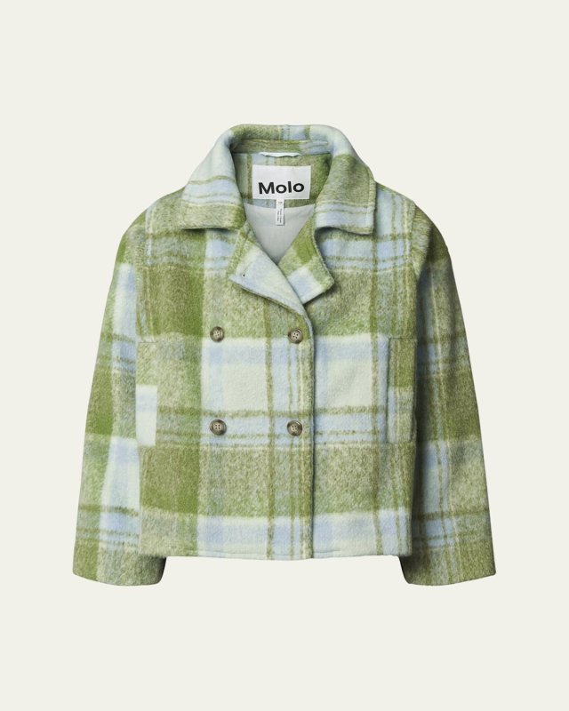 Girl's Helle Plaid-Print Double Breasted Front Jacket, Size 3-7