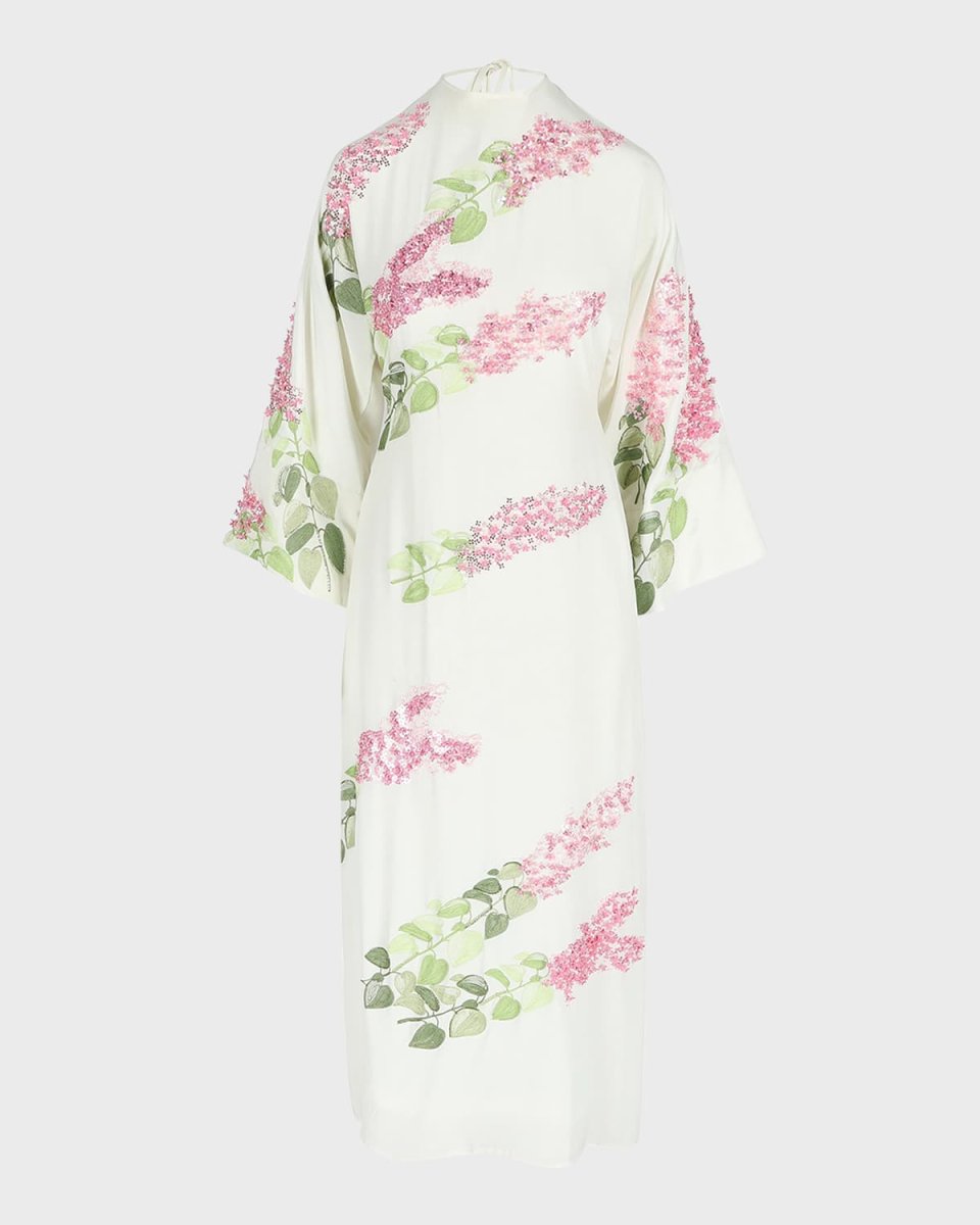 Emmanuelle Sequined Floral-Print Long-Sleeve Backless Maxi Dress