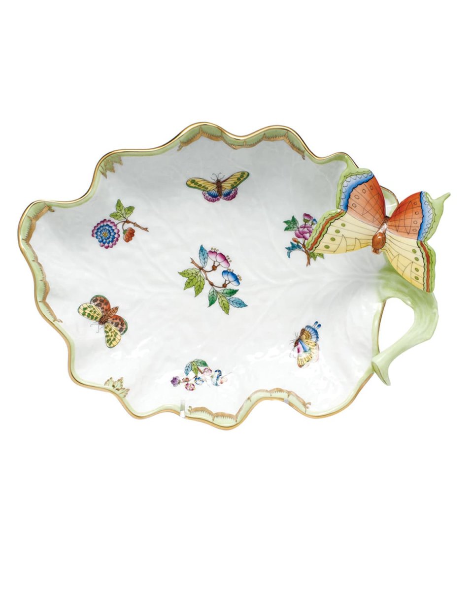 Queen Victoria Green Large Leaf Dish with Butterfly
