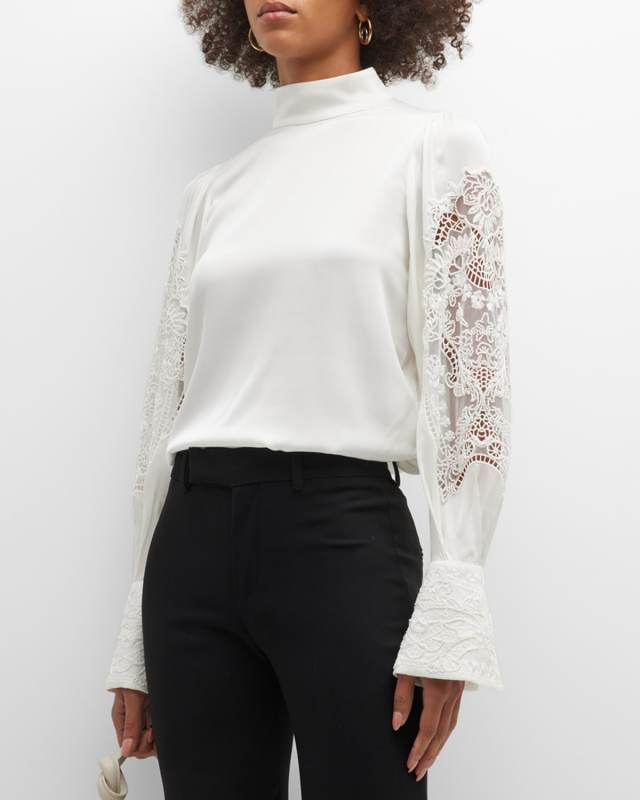 Eileen Beaded Mock-Neck Silk Blouse
