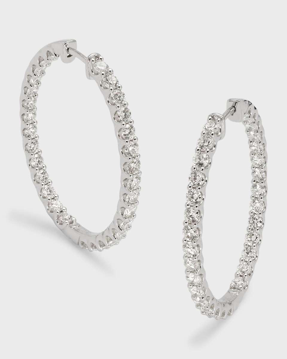 18K White Gold Round Diamond Hoop Earrings, 4.0tcw, 1.38" L x 0.11"W