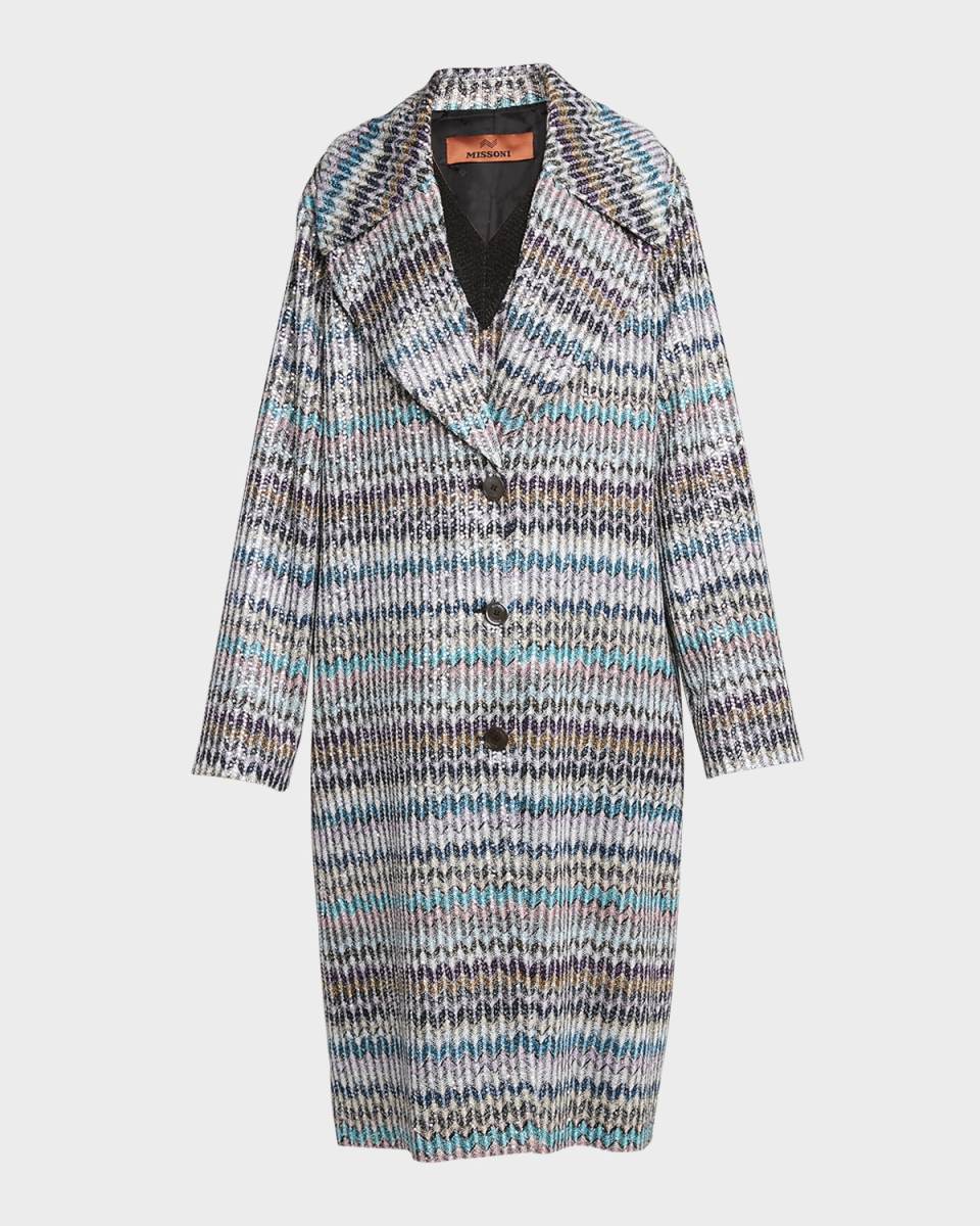 Paillette Chevron Knit Double-Breasted Coat