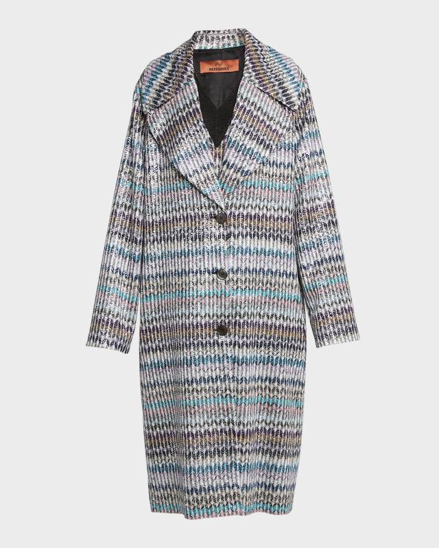 Paillette Chevron Knit Double-Breasted Coat
