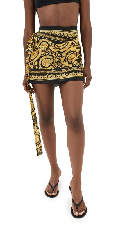 Versace Pareo Skirt Cotton Silk Voile Fabric Baroque Print 5B000-Black+Gold