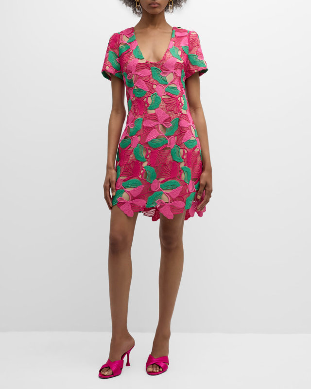 Spring Petals Scoop-Neck Floral Lace Mini Dress