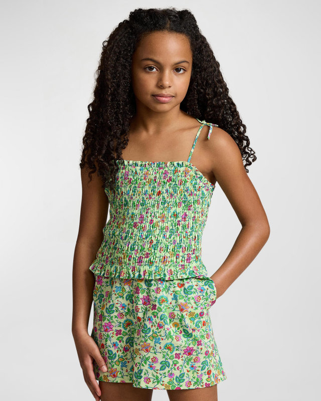 Girl's Floral-Print Smocked Romper, Size 7-16