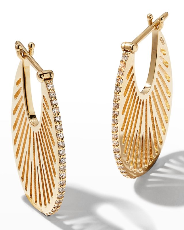 Yellow Gold Flat Ray Hoop Earrings with Diamonds, S3