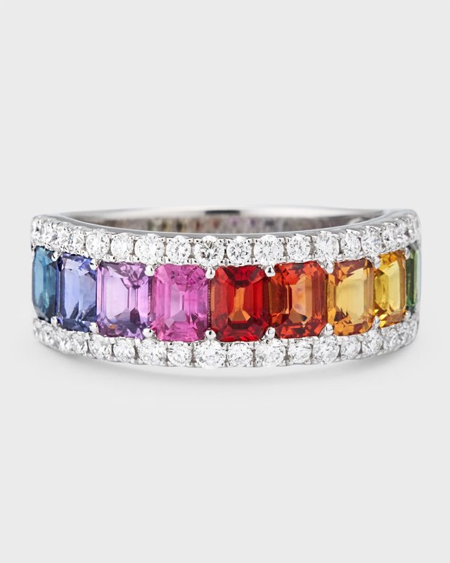 18K White Gold Ring with Multicolor Sapphires and Diamonds, Size 6.5