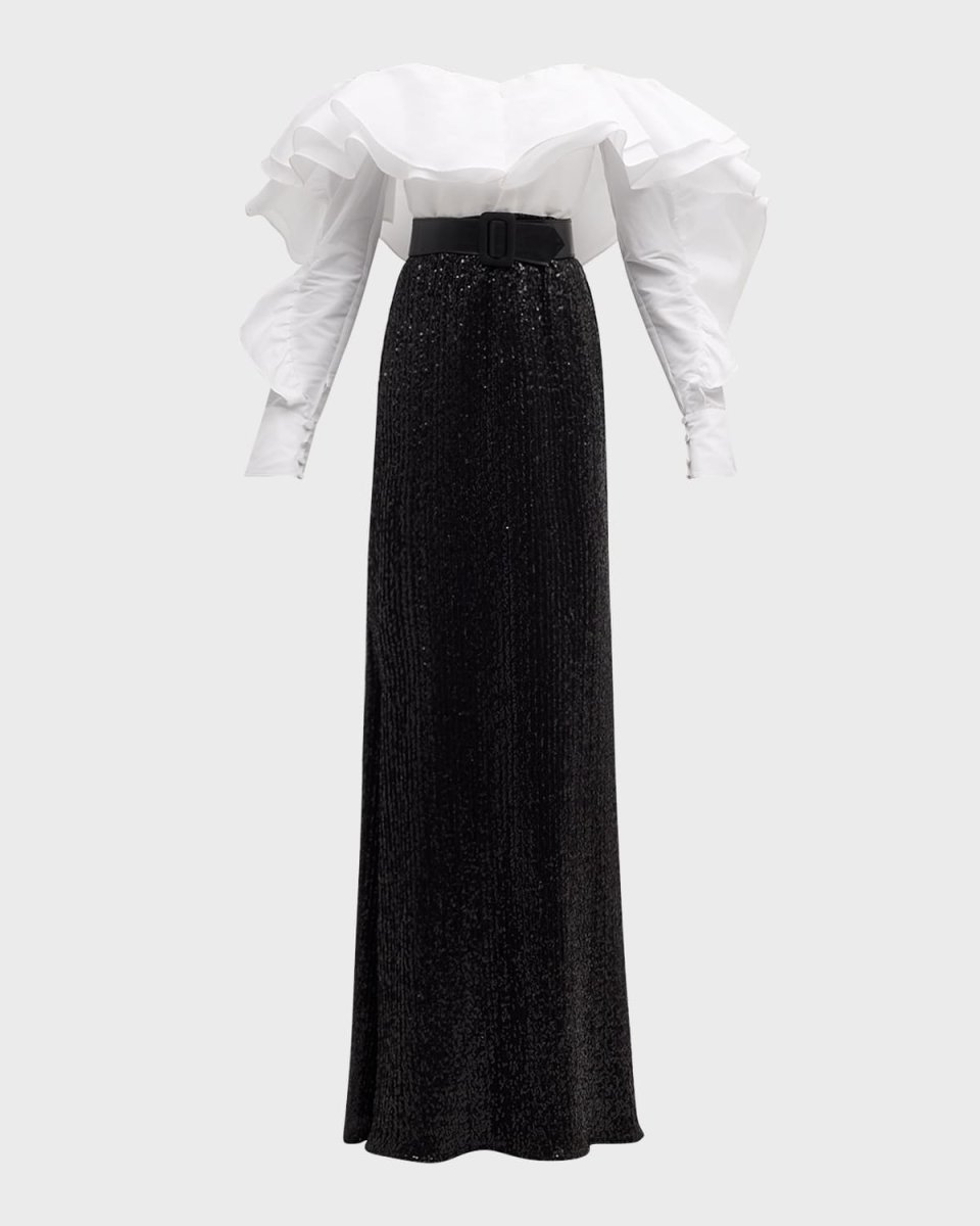 Off-Shoulder Ruffle Sequin Shirt Gown