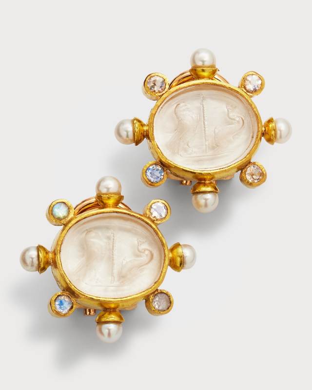 19K Yellow Gold Eagle and Dolphin Earrings with Pearls and Crystals