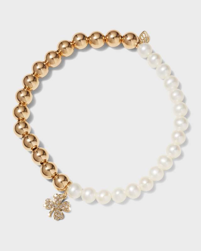 6mm Duo Pearl Bracelet with Pave Four-Leaf Clover