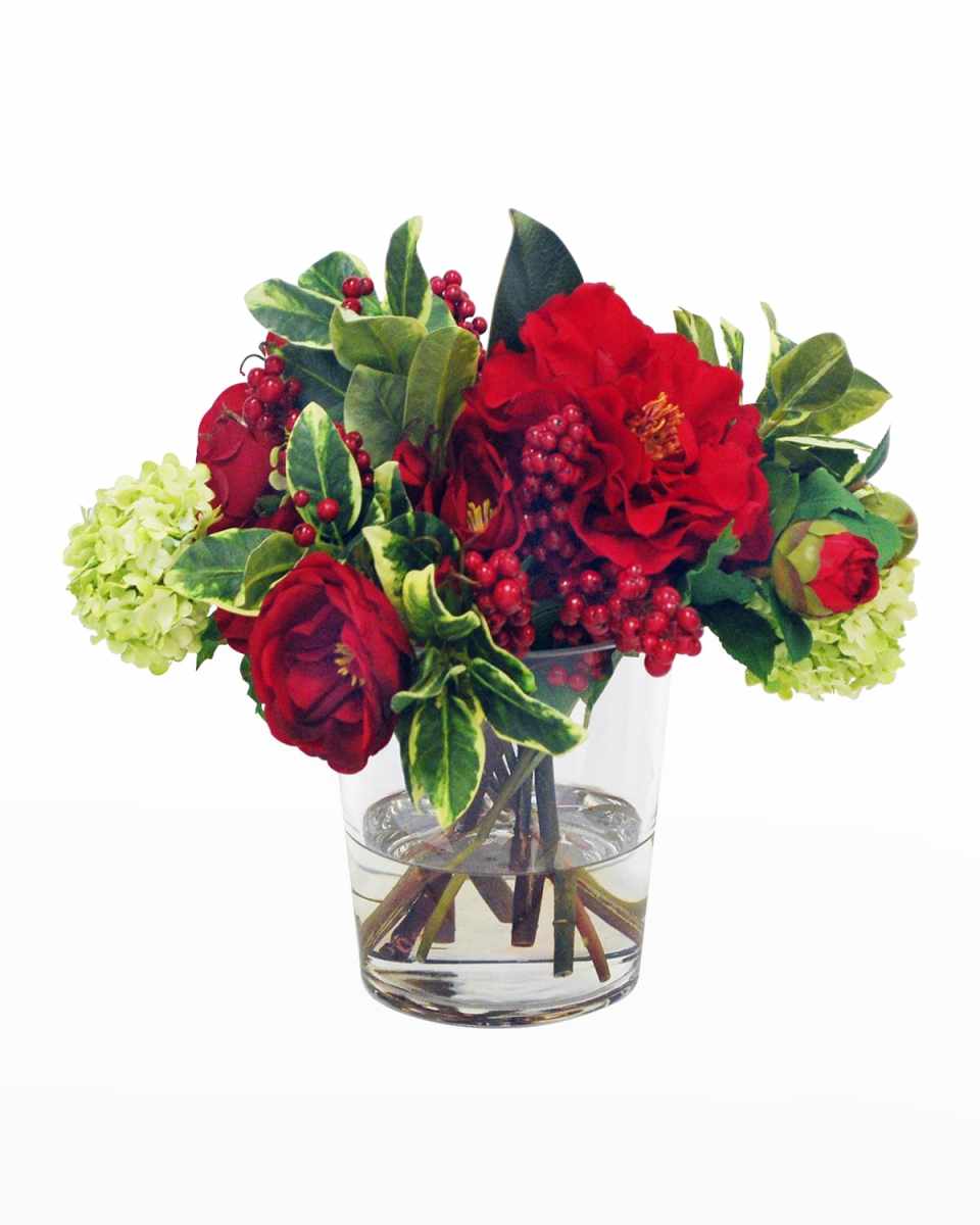 Faux Camellia Floral Arrangement in Glass Vase