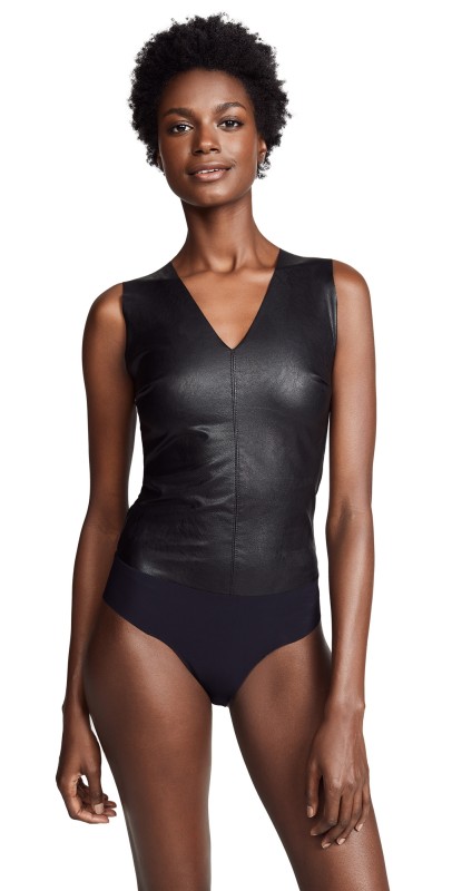 Commando Faux Leather V Neck Bodysuit Black