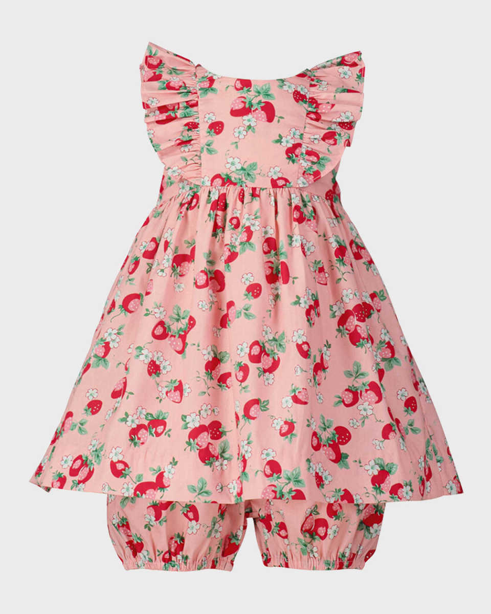 Girl's Strawberry-Print Sundress with Bloomers, Size 6M-24