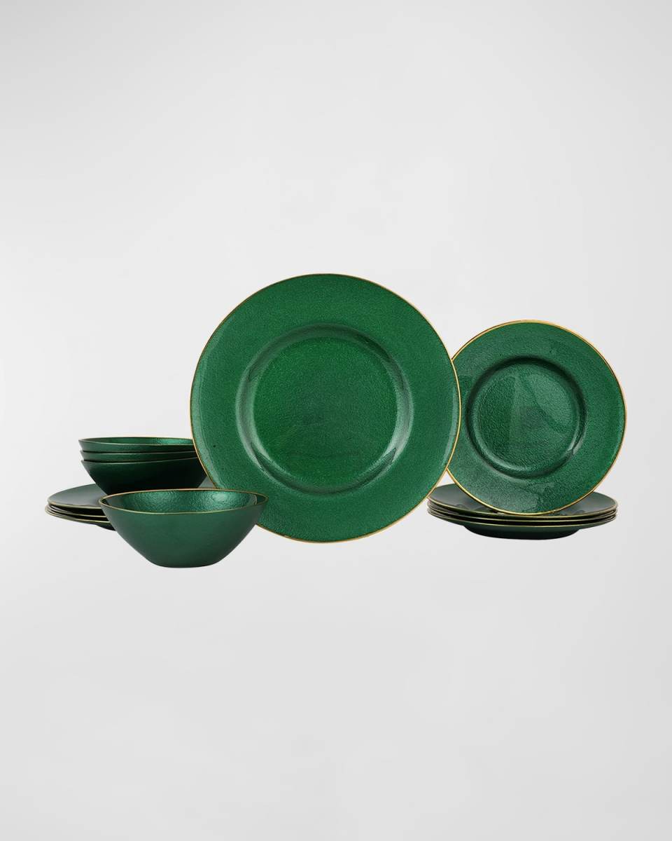 12-Piece Metallic Glass Emerald Dinnerware Set