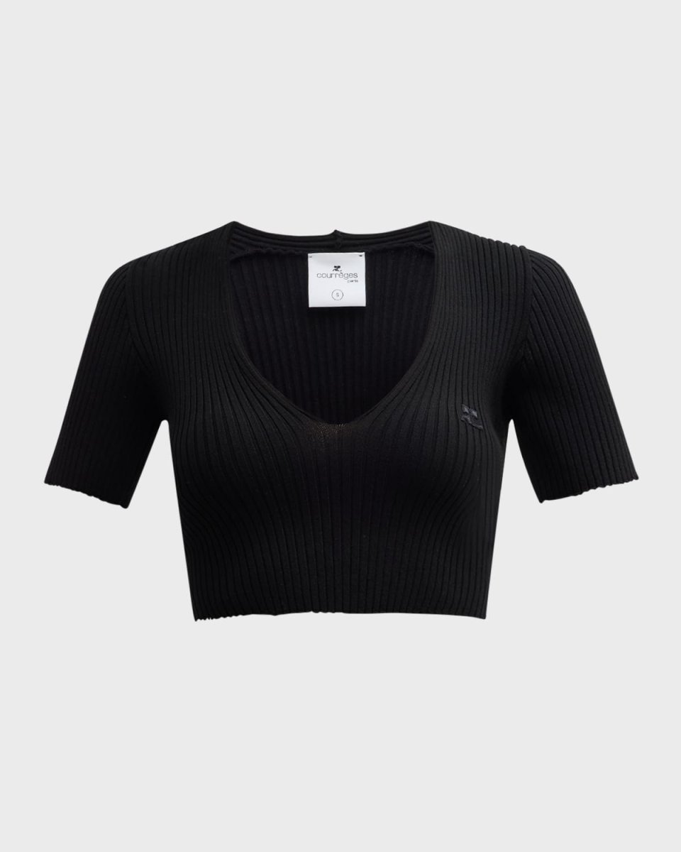V-Neck Short-Sleeve Rib Crop Sweat