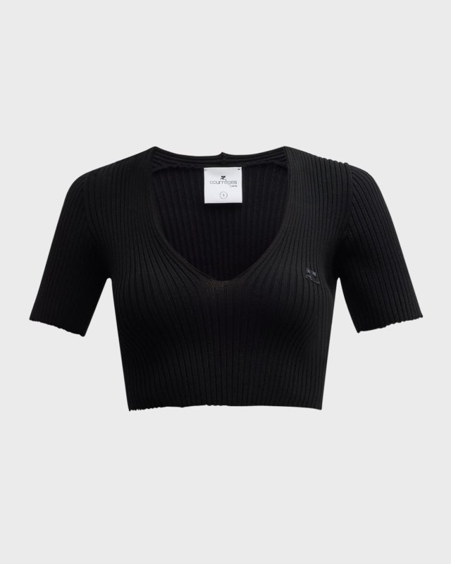 V-Neck Short-Sleeve Rib Crop Sweat