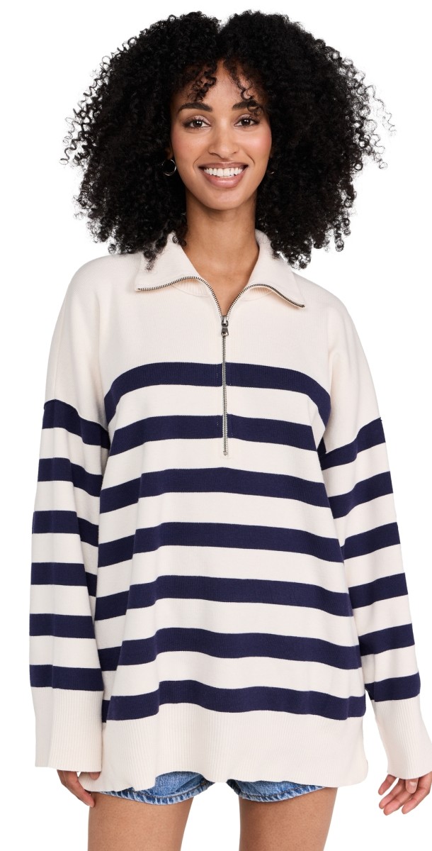 Free People Coastal Stripe Pullover Champange Navy