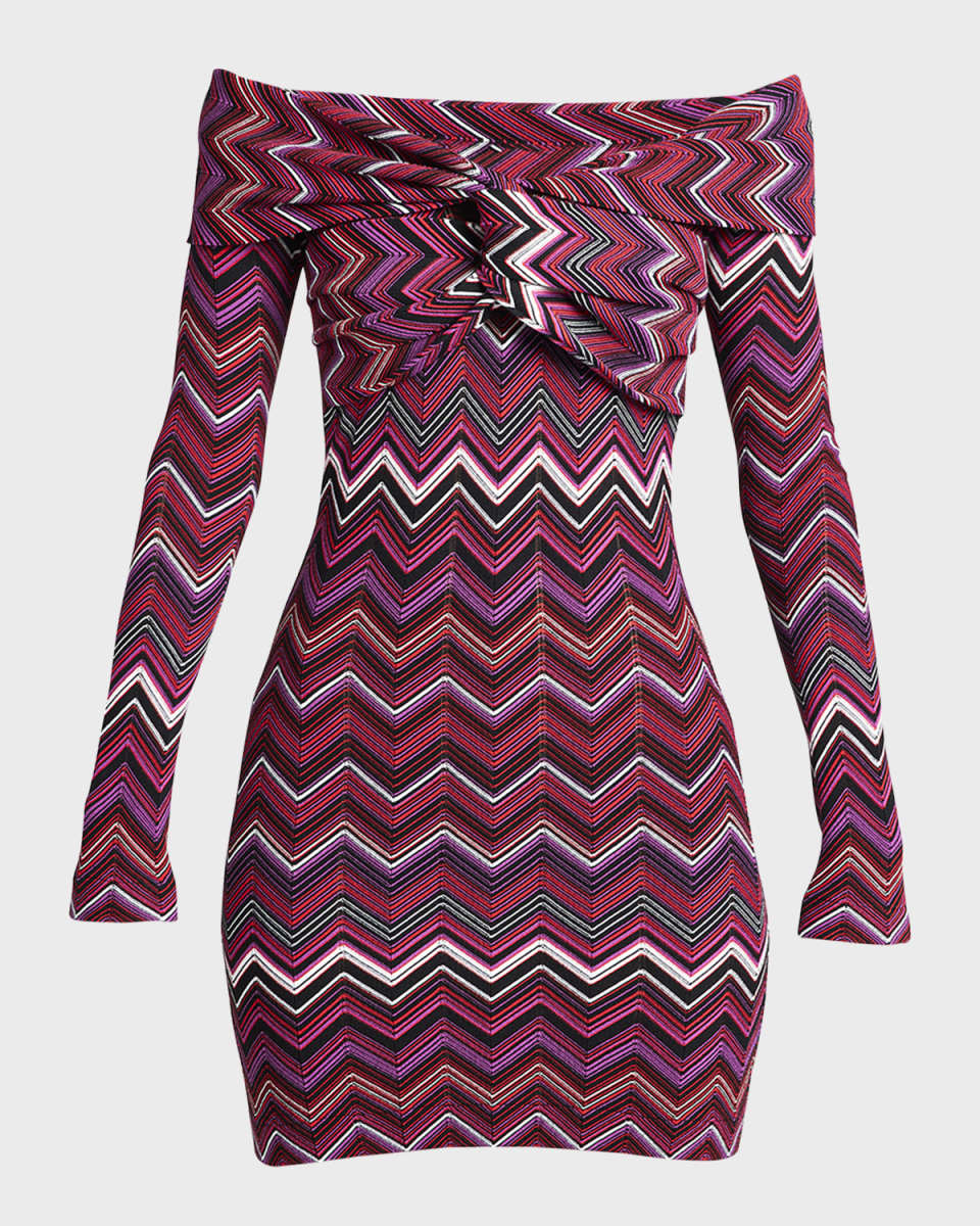 Chevron Twisted Off-The-Shoulder Long-Sleeve Mini Dress