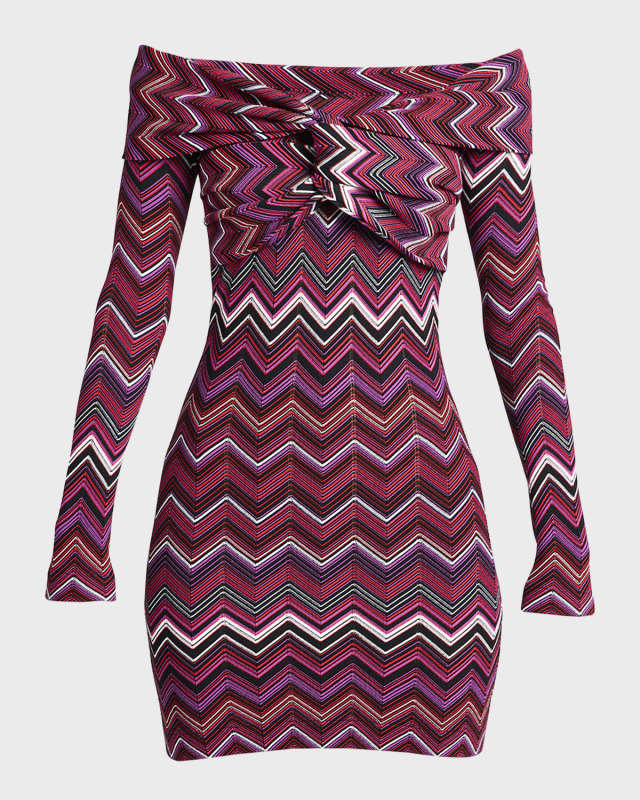 Chevron Twisted Off-The-Shoulder Long-Sleeve Mini Dress