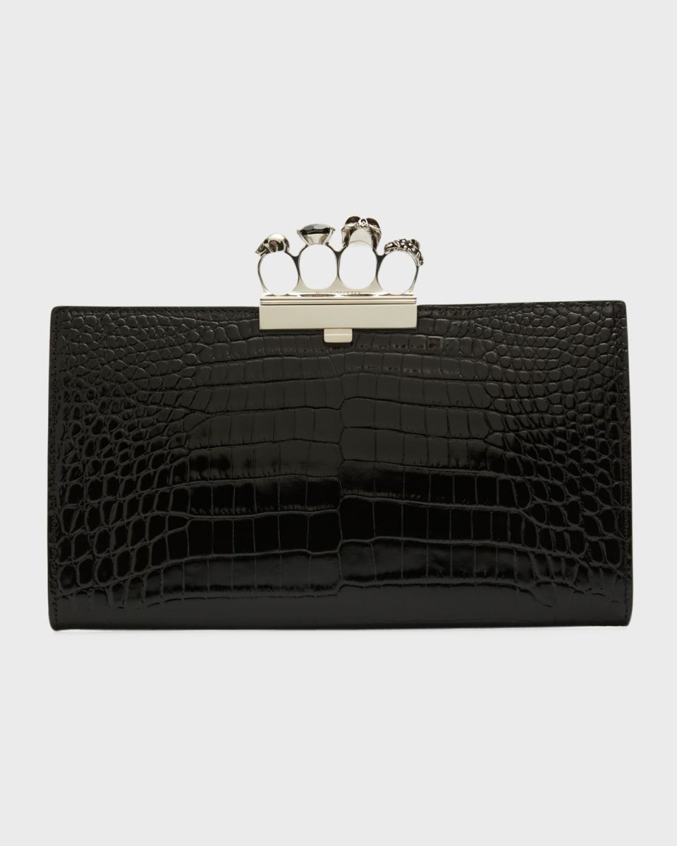 Shiny Croc-Embossed Flat Knuckle Clutch Bag