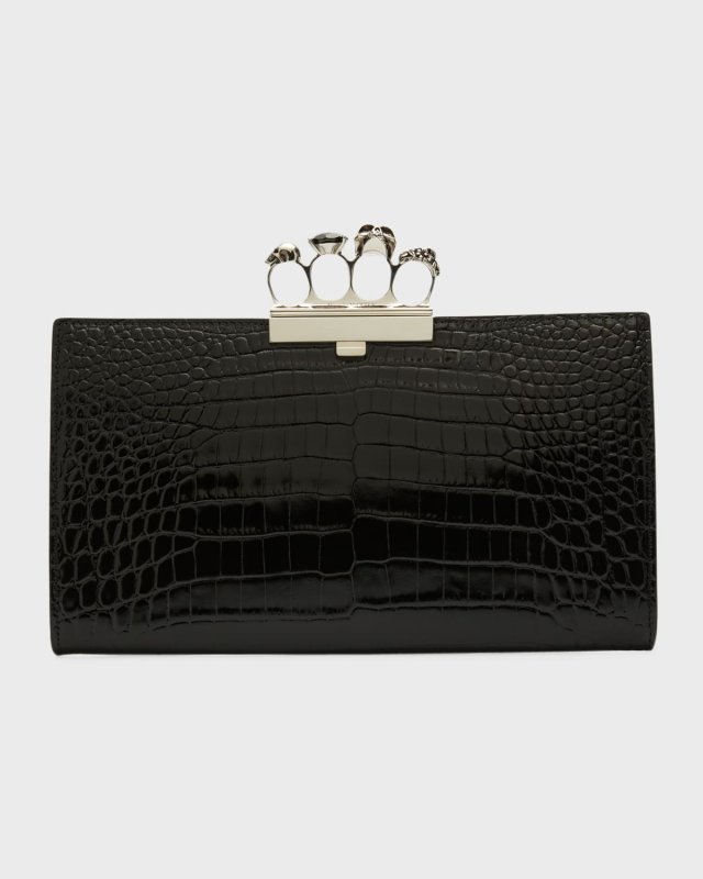 Shiny Croc-Embossed Flat Knuckle Clutch Bag