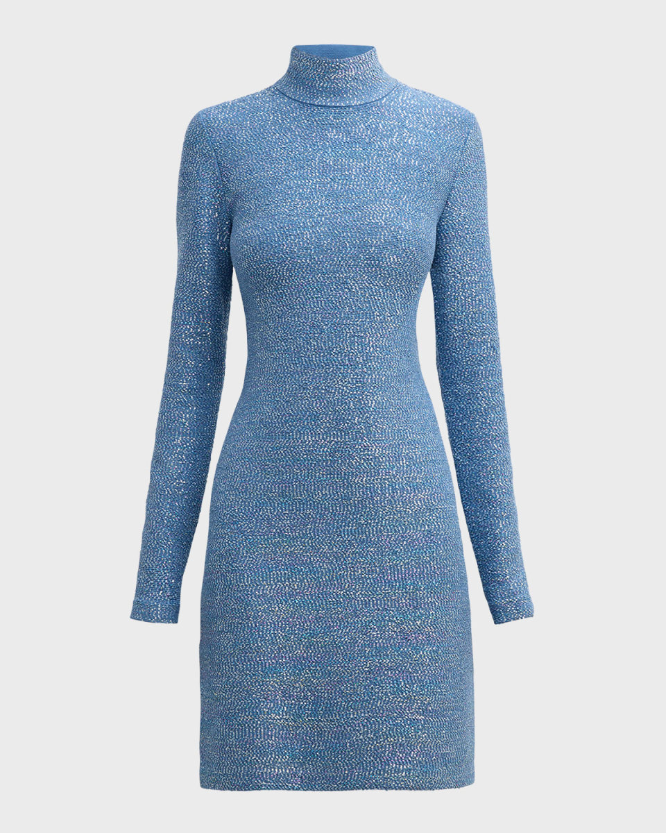 Turtleneck Long-Sleeve Cutout Paillette Knit Mini Dress