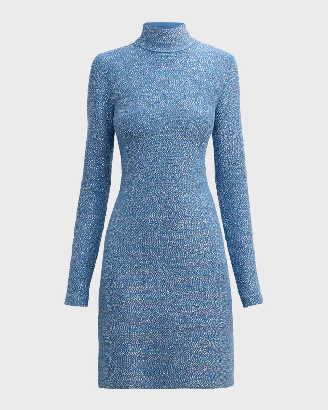 Turtleneck Long-Sleeve Cutout Paillette Knit Mini Dress
