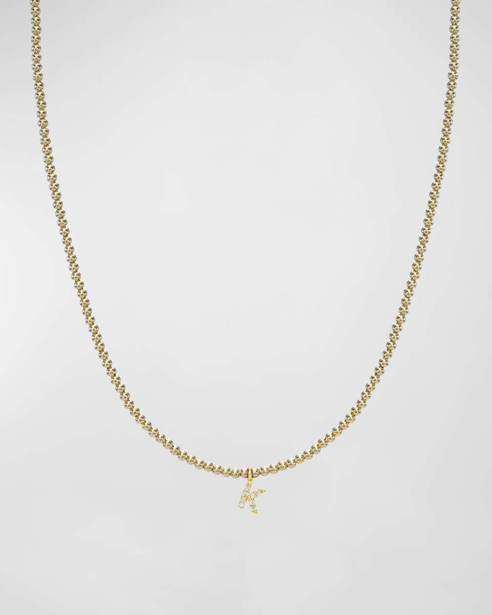 14K Gold Mini Diamond Initial Bead Necklace