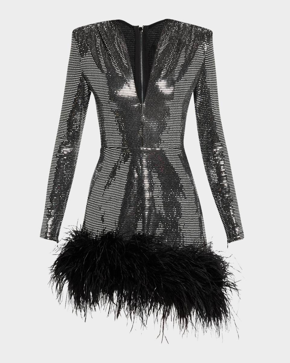 Kyoto Sequin Feather-Trim Mini Dress