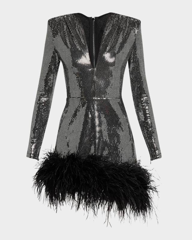 Kyoto Sequin Feather-Trim Mini Dress