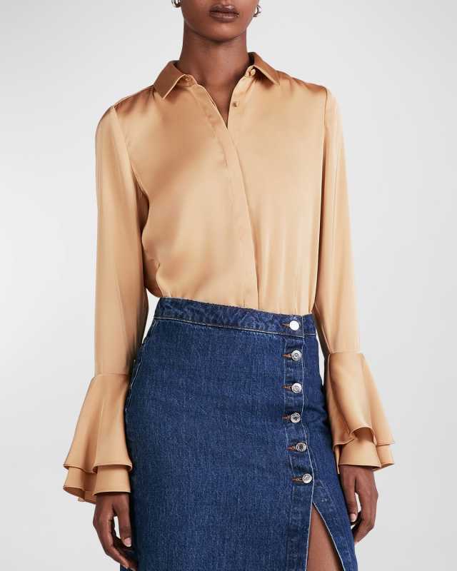 Selma Flare-Cuff Button-Front Blous