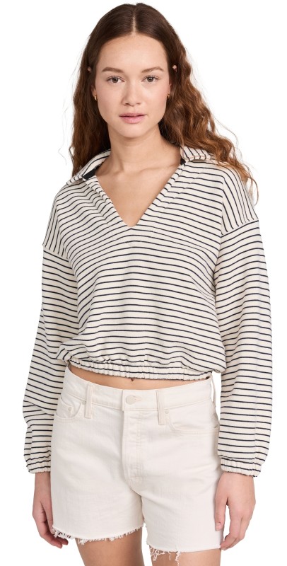 MOTHER The Long Drop Cinch Pullover Navy and Cream