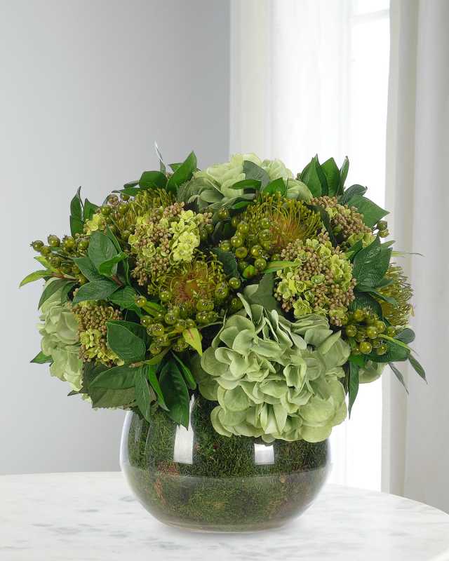 Hydrangea and Protea 15" Faux Floral Arrangement in Moss Garden