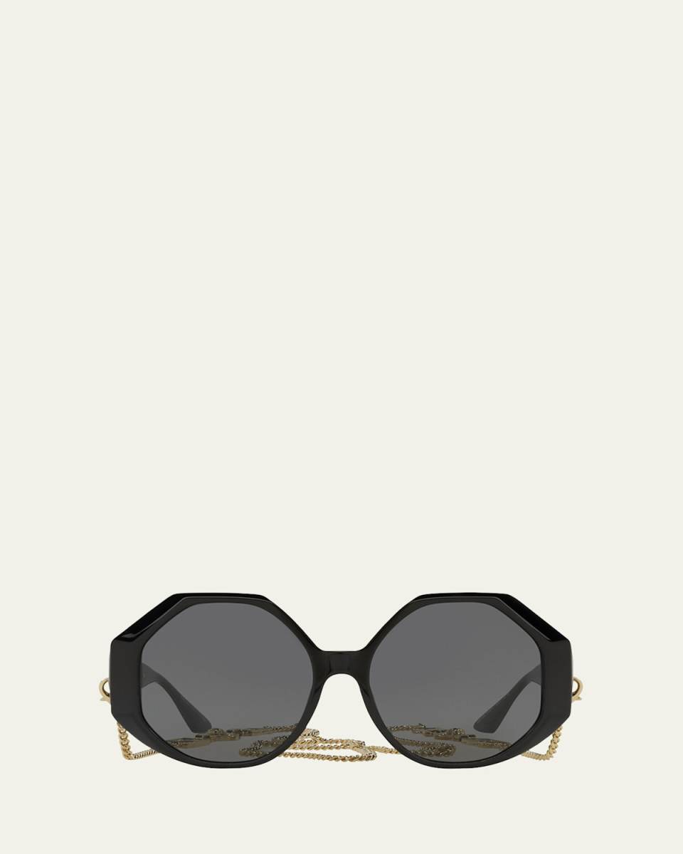 Greek Key Geometric Square Sunglasses w/ Detachable Chain