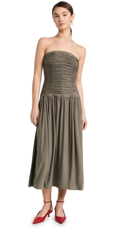 Tibi Drapey Jersey Ruched Strapless Dress Granite