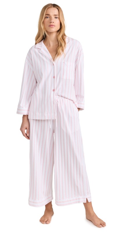 Petite Plume Women's Luxe Pink Stripe Wide Leg Pajama Set White/Pink