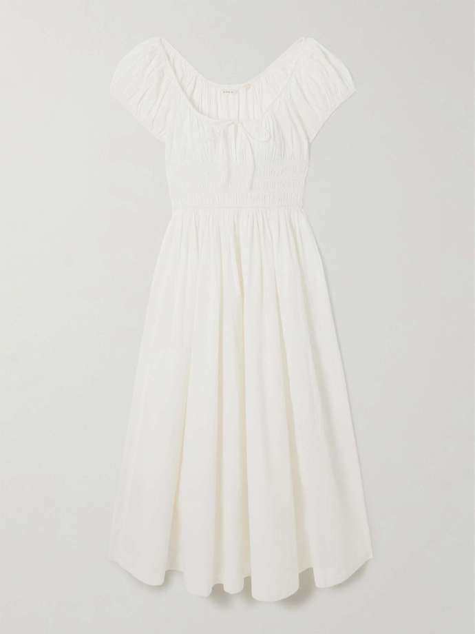 DOEN Quinn tie-detailed shirred organic cotton-poplin midi dress
