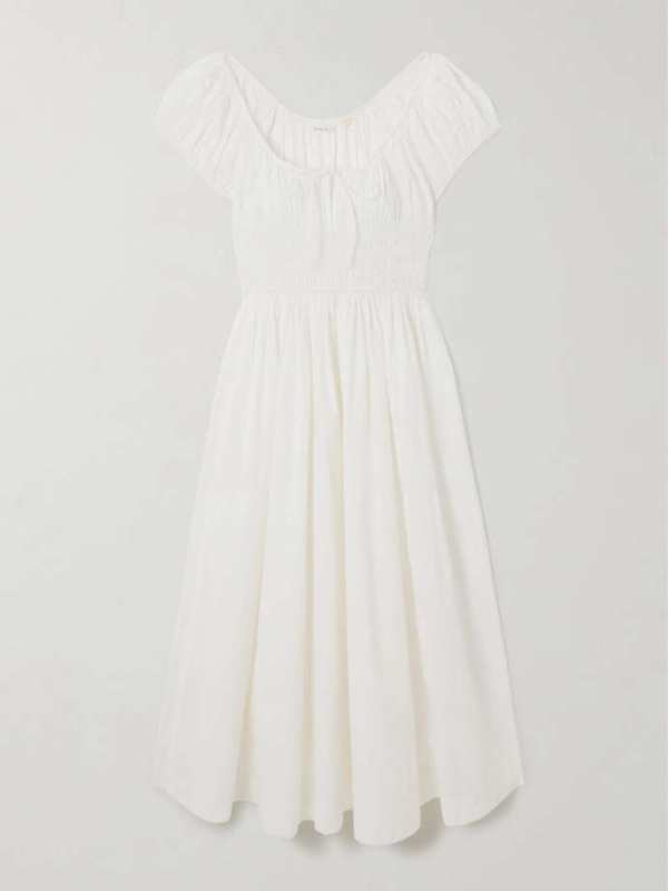 DOEN Quinn tie-detailed shirred organic cotton-poplin midi dress