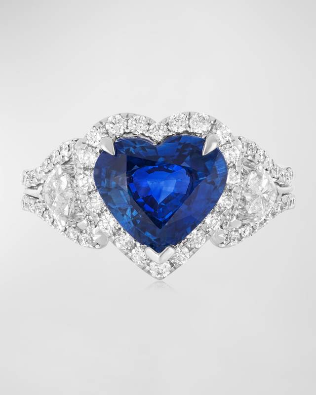 18K White Gold Heart Shaped Sapphire Ring with Diamonds, Size 6
