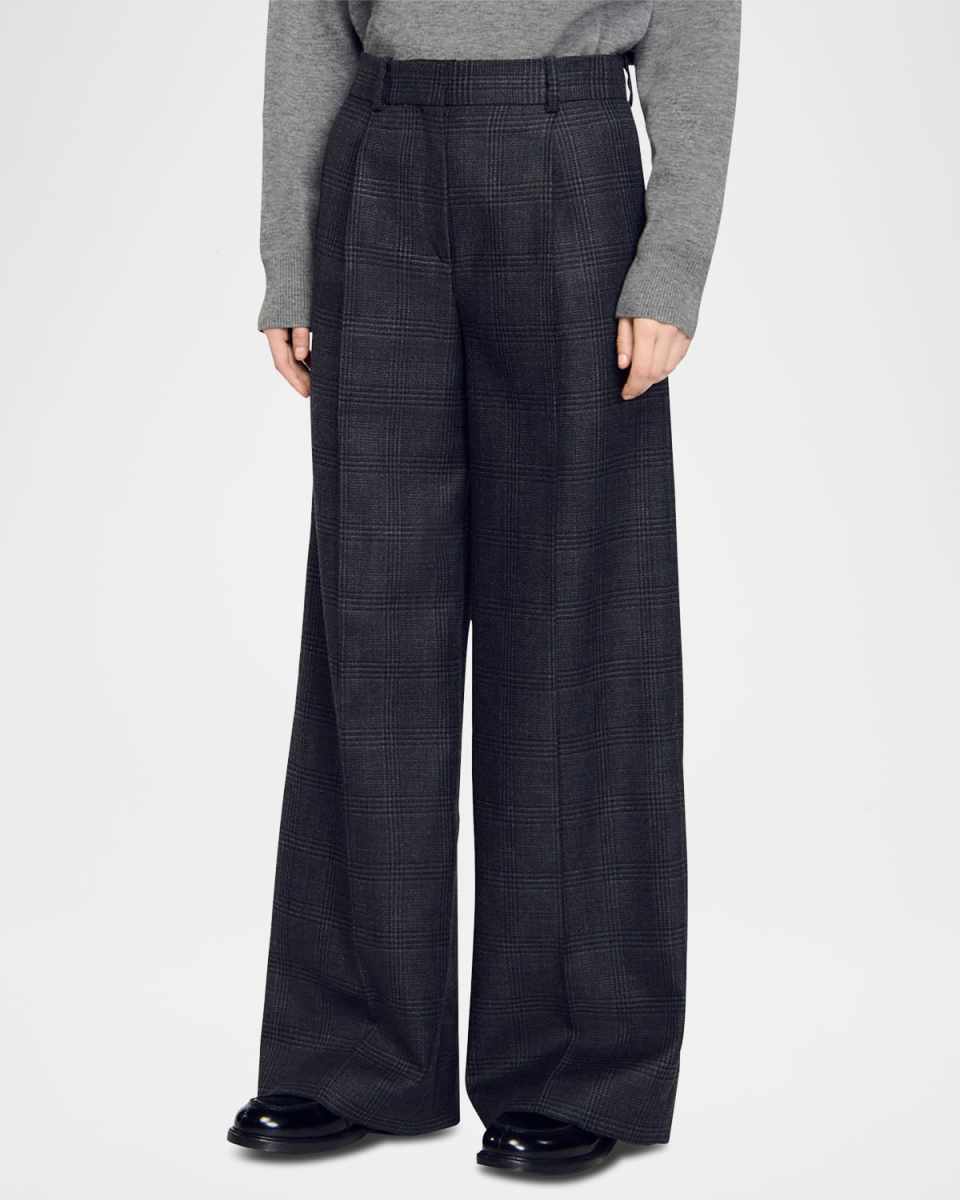 Felix Wide Leg Checked Wool Suit Trousers