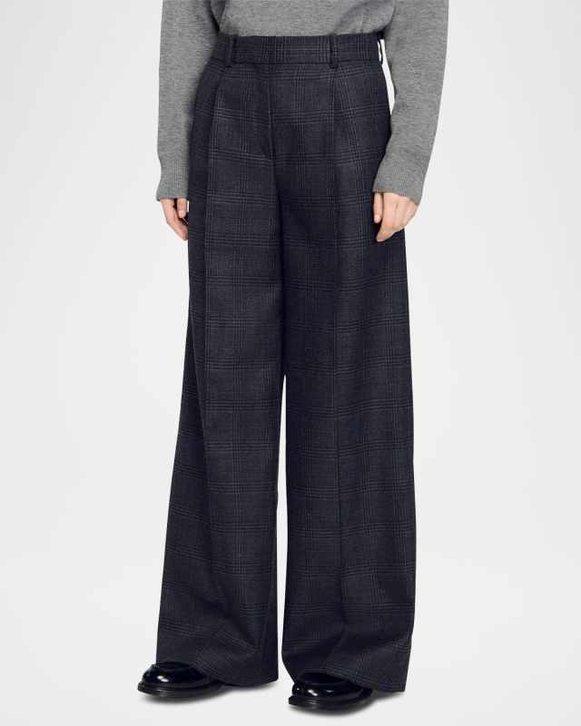 Felix Wide Leg Checked Wool Suit Trousers