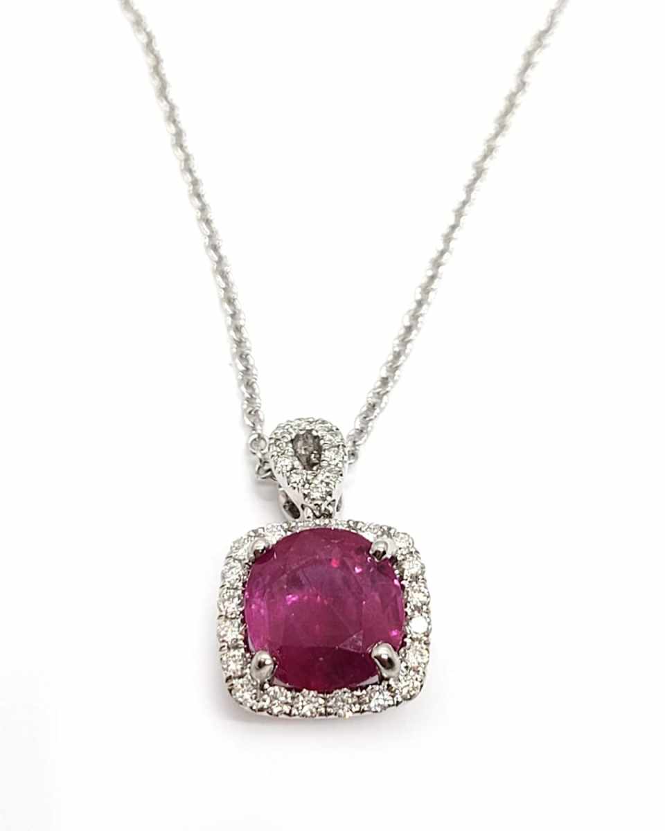 18K White Gold Burma Ruby Necklace with Diamonds, 17.5"L