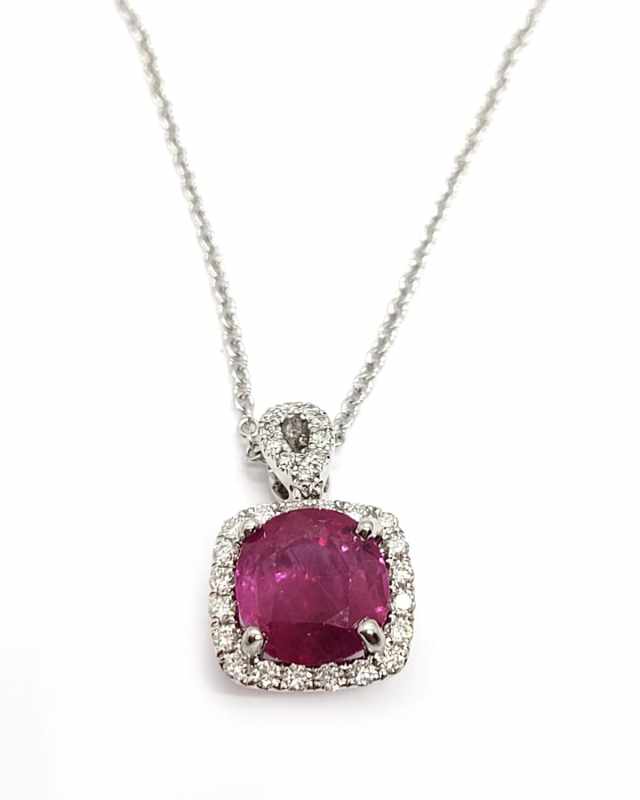 18K White Gold Burma Ruby Necklace with Diamonds, 17.5"L